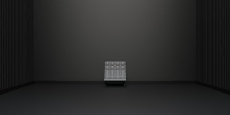 interior space studio Japanese style architecture Zen a solitary sofa in a modern empty room with minimalist slatted walls Product display 3D illustrationの写真素材