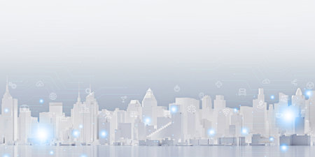 smart city technology communication futuristic network information online panorama iot urban cityscape landscape downtown 3d illustrationの写真素材