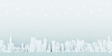 smart city technology communication futuristic network information online panorama iot urban cityscape landscape downtown 3d illustrationの写真素材