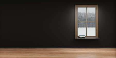wooden floor and wall with window and natural view 3D illustrationの写真素材