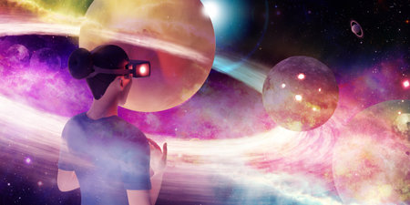 VR glasses users Learning science through AR glasses in the study of stars and the universe virtual...