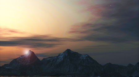 twilight sunset on the mountain the sky is orange 3D illustrationの写真素材
