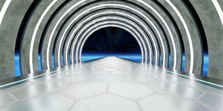 Hyperloop Pipe Technology Platform Modern neon light show room laser light scene Science fiction 3D illustrationの写真素材