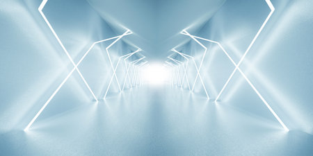 Futuristic Technology Tunnel Corridor Laser Sci Fy Neon Glow Spaceship Empty Tunnel Chamber Glowing neon color background 3d illustrationの写真素材