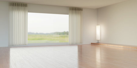 wide open room with large glass windows wooden floor and natural view by the window 3D illustrationの写真素材