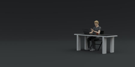 man sitting at work on the table with a notebook and computer 3D illustrationの写真素材