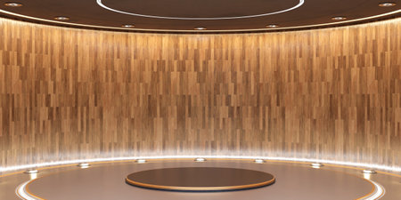 Arc shaped stage Circular room Round podium Round screen Curved dome 3d illustration Great hallの写真素材