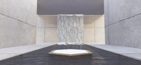 room with water pipes Old floor tunnel waterfall showroom corridor empty stage and well technology 3D illustrationの写真素材