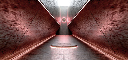 Sci-fi technology scene Old cement texture future technology showroom laser tunnel corridor Glow beam stage 3d illustrationの写真素材