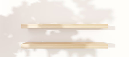 Wooden shelves two floors luxury product shelves tree reflections from sunlight interior design background 3d illustrationの写真素材