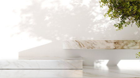 marble shelving shelving marble wall shelving luxury shelf silhouette of trees reflected from the background interior design 3d illustration sunlightの写真素材