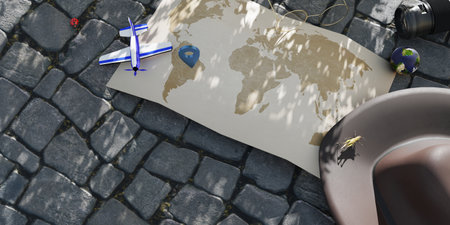 tourist travel map traveler  equipment world map pin Design elements for adventures around the world 3D illustrationの写真素材