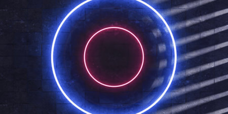 Brick wall and neon sign frame circle sign neon light on cement wall Text frame on brick wall Old background Copy space 3D illustrationの写真素材