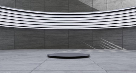 Studio concrete showroom tunnel curved stage modern empty circle podium realistic with natural light on the concrete wall Concrete floor in circular pipes 3D renderingの写真素材