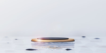 Circular podium on water surface Podium background Zen style Minimal ZEN style rock 3D illustrationの写真素材
