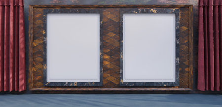 Interior gallery with empty frames on wall with curtains luxury room Product and text display frame...