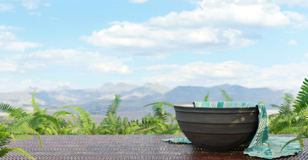 Empty bowl on a wooden plate Panoramic shot of wooden table with empty cups and plates mountain scenery background on a cloudy day sky and nature background in the daytime 3D illustrationの写真素材
