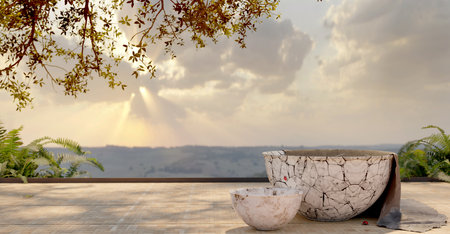 Empty bowl on a wooden plate Panoramic shot of wooden table with empty cups and plates mountain scenery background on a cloudy day sky and nature background in the daytime 3D illustrationの写真素材