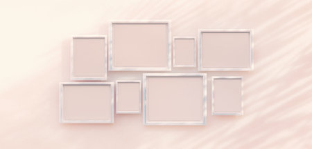 group of picture frames on the wall Picture frames on colored walls blank poster Empty picture frame mockup for pictures or photos Realistic blank template 3D illustrationの写真素材