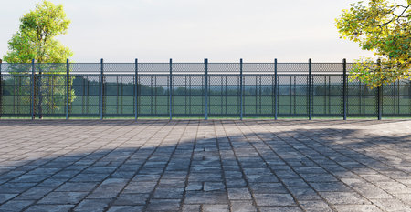 A multi-purpose courtyard with steel framed walls and steel mesh Open space showroom spacious concrete floor daytime backdrop Architectural background 3d illustrationの写真素材