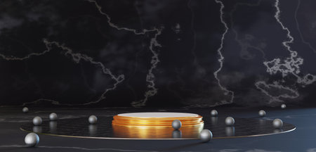 Circle podium luxury background shiny marble pattern trade show scene with marble ball 3D illustrationの写真素材