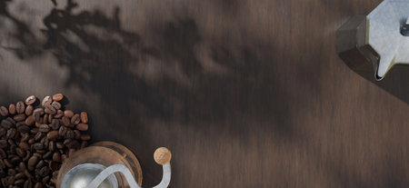 Moka pot with hand crank coffee grinder coffee beans drip coffee coffee making equipment on wooden table Black coffee in a vintage cup Italian traditional coffee maker on a wooden background 3D illustrationの写真素材