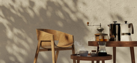 Cafe Coffee equipment on wooden table Side view Black coffee in vintage cup Traditional coffee...