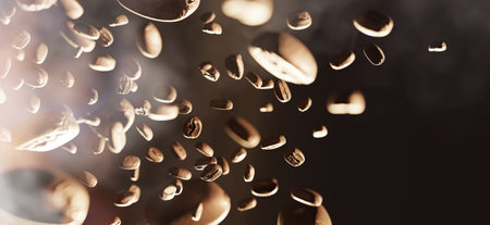 Roasted coffee beans floating in the air aroma freshly roasted coffee with smoke and fire Arabica Robusta 3D illustrationの写真素材