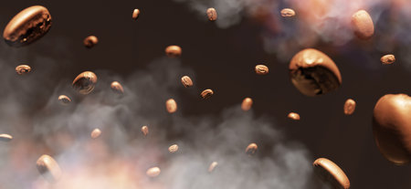 Roasted coffee beans floating in the air aroma freshly roasted coffee with smoke and fire Arabica Robusta 3D illustrationの写真素材