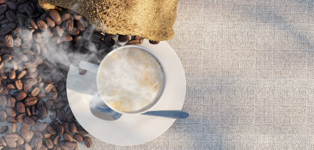 fresh coffee on wooden table Sacks of roasted coffee beans Hot coffee beans 3d illustrationの写真素材