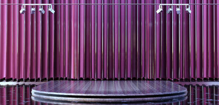 Stage  show room theater with curtains and spotlights The stage was raised with stage lights template for trade show cinema scene theater background 3d illustrationの写真素材