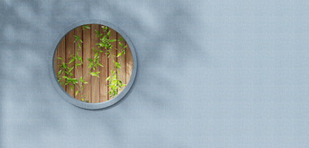 Wooden wall and circular frame with plants decorative bamboo Copy space template for advertising...