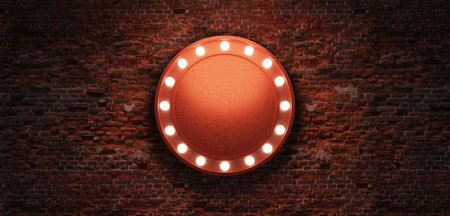 glowing neon circle frame in retro style Brick wall background Billboard sign Long billboard Blank glow sign with neon lamp 3d illustrationの写真素材