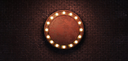glowing neon circle frame in retro style Brick wall background Billboard sign Long billboard Blank glow sign with neon lamp 3d illustrationの写真素材