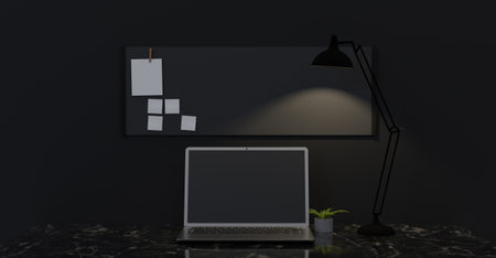 dark table home office minimalist style stationery lamp note paper black wall 3d illustrationの写真素材