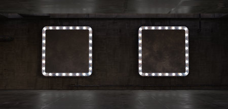 Illuminated billboard billboard blank glow sign on the wall retro style frame with glowing neon...