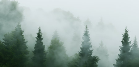 The pine forest was full of smoke scary mystery Big tree surrounded by fog in winter 3D illustration
