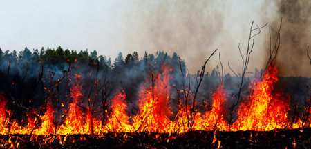 forest fire fire tree on the hill red flames burning tree branches covered in smoke