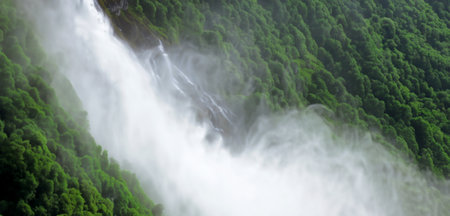 Mountain waterfall and spray waterfall background stream in nature rich in green trees