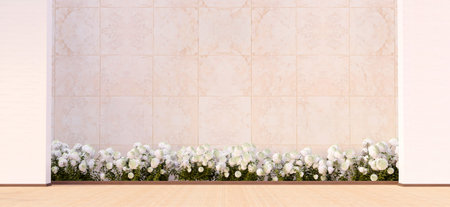 wedding scene Decorated with white flowers performance stage backdrop 3d illustrationの写真素材