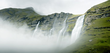 waterfall background Streams in nature waterfalls on the hills full of large trees and water sprayの写真素材
