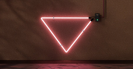 Abandoned factory old warehouse triangular neon sign Brick wall and sign frame neon lights on cement wall Message frame on brick wall Illuminated sign 3d illustrationの写真素材