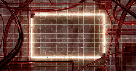 square neon sign Brick wall and frame Signboard Abandoned factory Old warehouse Neon lights on cement wall Text frame on brick wall Old background 3d illustrationの写真素材