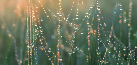 Bokeh water droplets water mist dew drops on the top of the grass 3d illustration (3)の写真素材