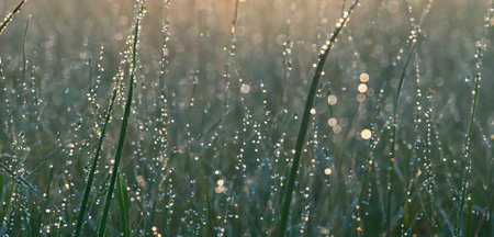 Bokeh water droplets water mist dew drops on the top of the grass 3d illustration (3)の写真素材