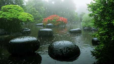 Rain in the Japanese garden Zen style 3D illustrationの写真素材