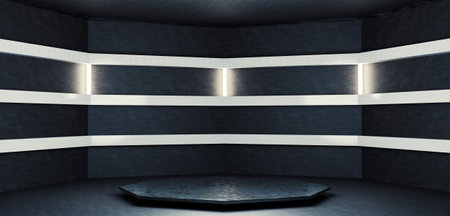 Polygonal stage hexagonal dome great hall neon lights and lasers Octagonal podium Modern 3d illustrationの写真素材