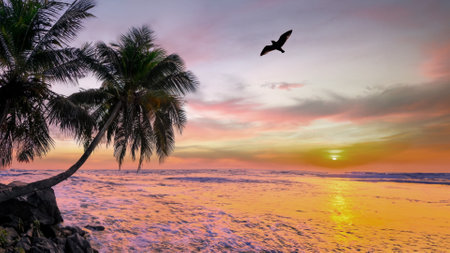 By the sea in the evening at sunset Beautiful romantic sunset through a palm leaf on paradise beach 3D illustrationの写真素材