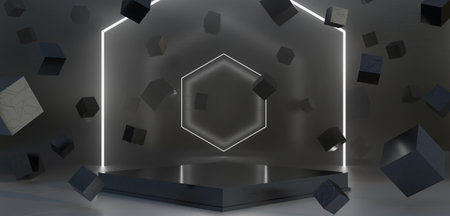 Product props multicolor laser light neon lights product placement studio facade stage backdrop technology template radiation 3d illustrationの写真素材