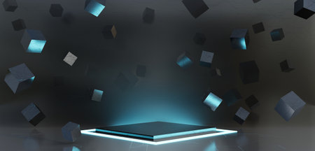 Product props multicolor laser light neon lights product placement studio facade stage backdrop technology template radiation 3d illustrationの写真素材